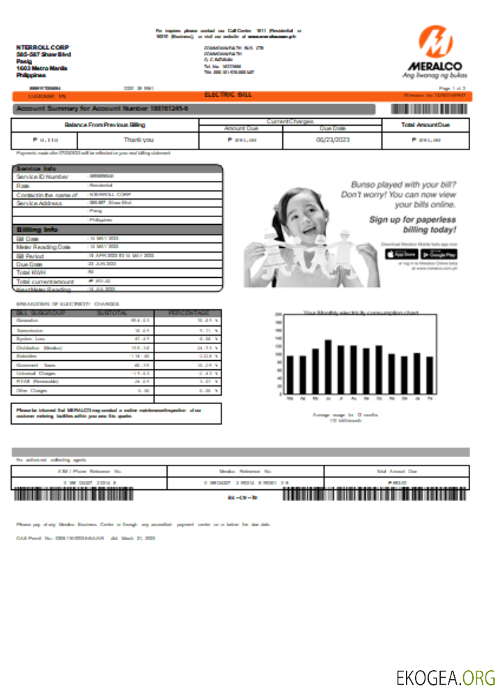 Facture commerciale du service public d'électricité de Meralco Philippines, SCR